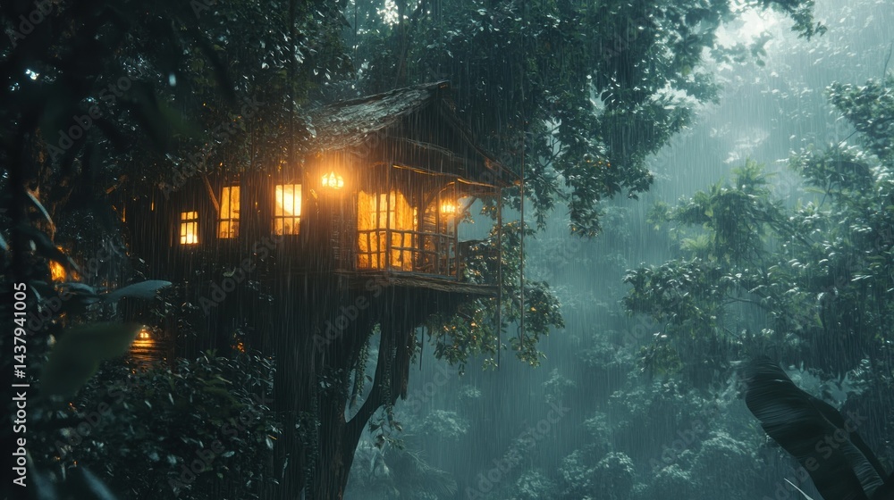 A cozy tree house hidden in the rainforest background wallpaper AI generated image
