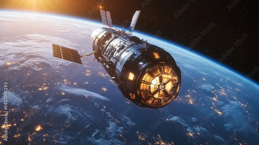 The spaceship hovers in Earth's orbit, with its large, glowing thrusters, background wallpaper AI generated image