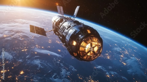 Obraz na płótnie The spaceship hovers in Earth's orbit, with its large, glowing thrusters, background wallpaper AI generated image w salonie