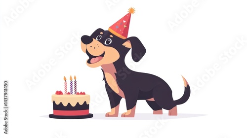 Cute puppy celebrating birthday with cake