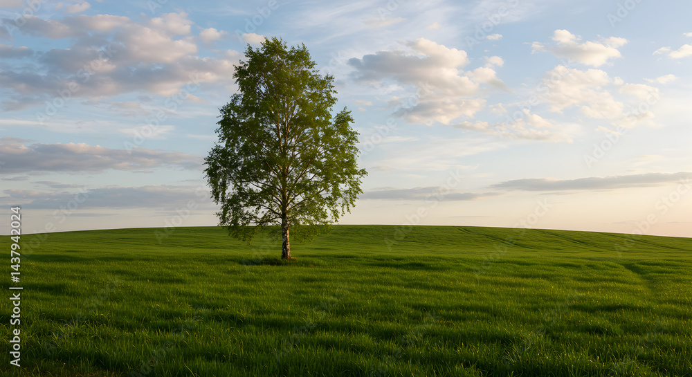 Obraz premium Solitary Tree Standing Tall In A Green Field Under A Pastel Sky