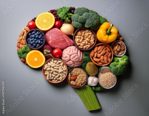 brain boosting foods arranged in the shape of a brain emphasizing healthy eating for cognitive function