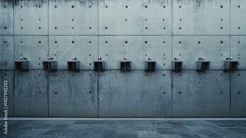 Obraz na płótnie Multiple taps on a school wash area wall, uniform design with textured concrete backdrop w salonie