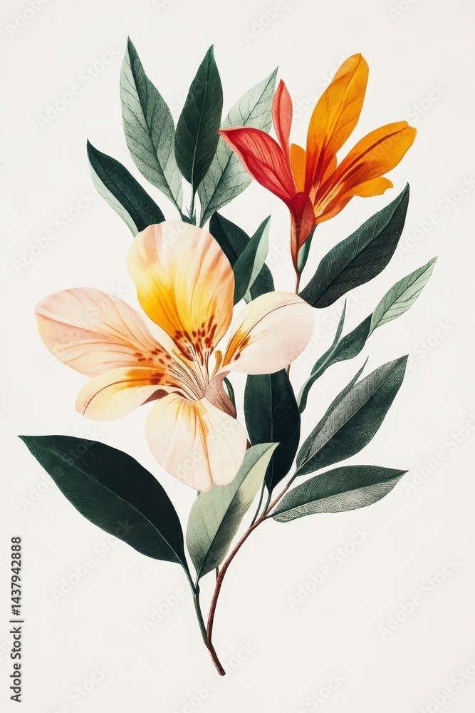 Naklejka premium Pastel Floral Bouquet Illustration Orange and Yellow Flowers with Green Leaves