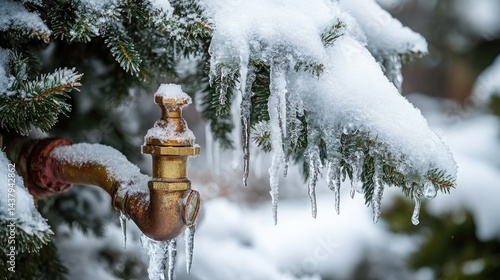 Outdoor tap frozen in winter, icicles forming at the spout and pipe