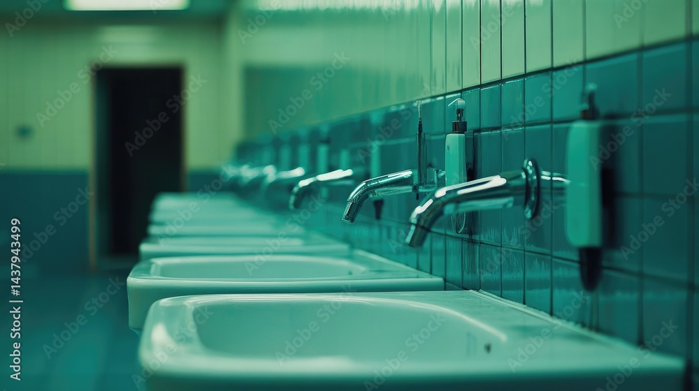 Row of modern sensor-activated taps in a clean public restroom setting