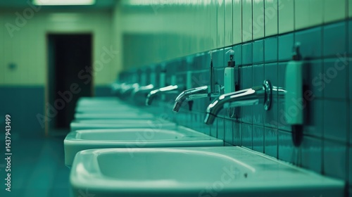 Obraz na płótnie Row of modern sensor-activated taps in a clean public restroom setting w salonie