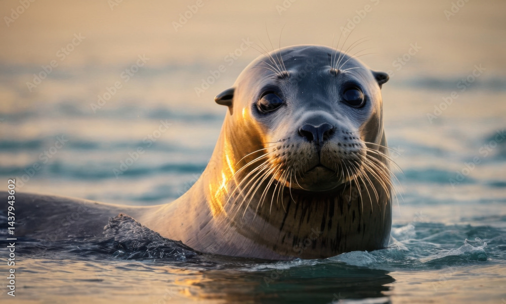 Fototapeta premium Seal swimming in the ocean during sunset, great for travel or nature related images