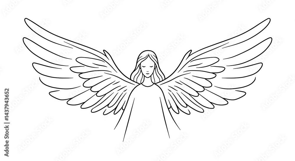 Fototapeta premium Line Art Drawing of an Angel with Wings on White Background