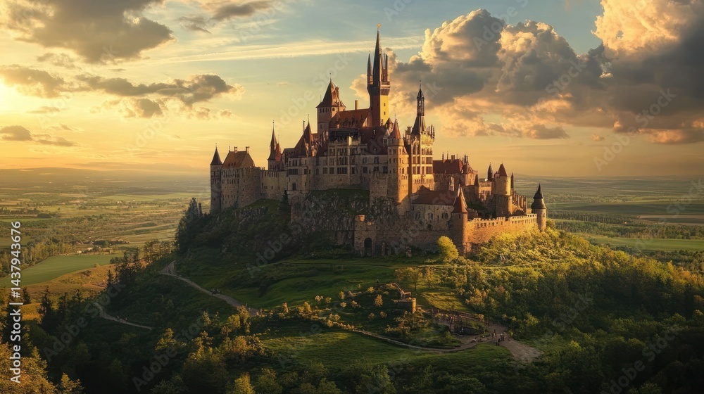 Majestic castle perched atop rolling green hills bathed in golden light Majestic castle perched atop rolling green hills bathed in golden light