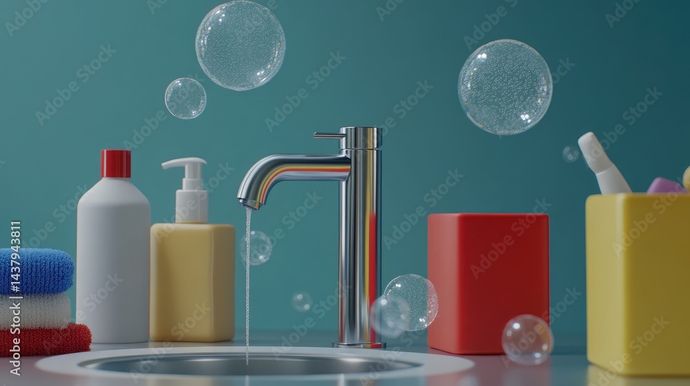 Simple steel tap surrounded by soap bubbles and cleaning supplies on a countertop