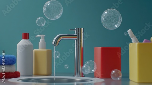 Obraz na płótnie Simple steel tap surrounded by soap bubbles and cleaning supplies on a countertop w salonie