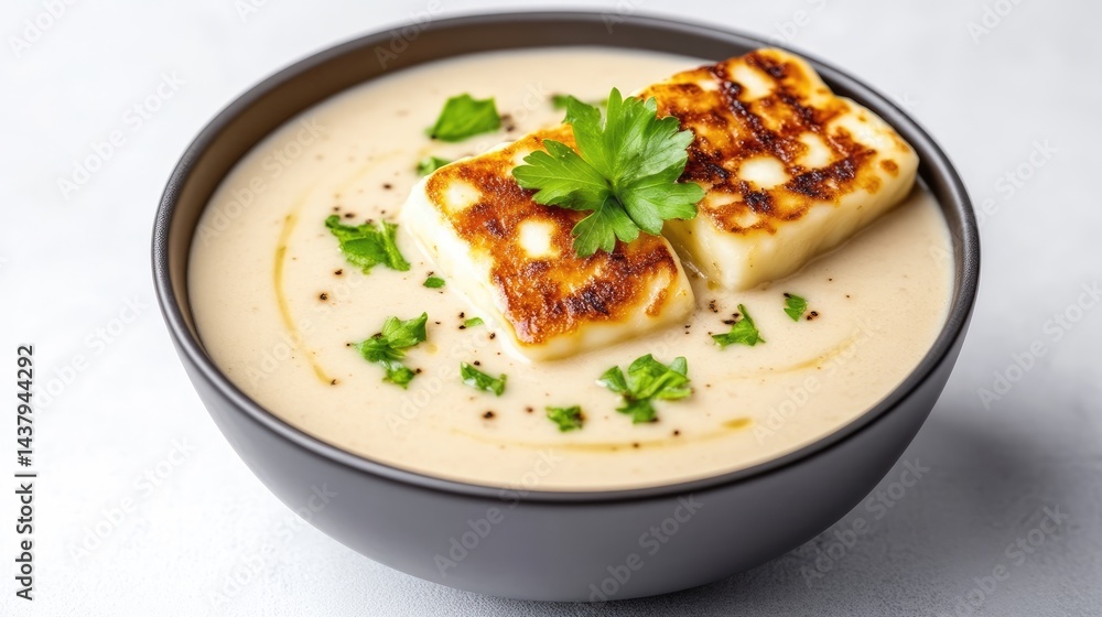 Creamy soup with grilled cheese cubes Creamy soup with grilled cheese cubes