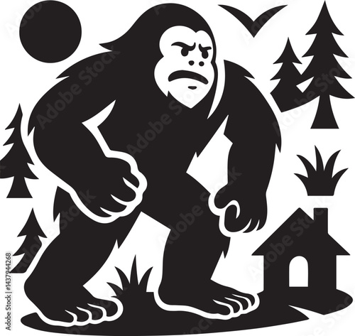 angry Bigfoot Yeti black and white is searching for house silhouette vector design