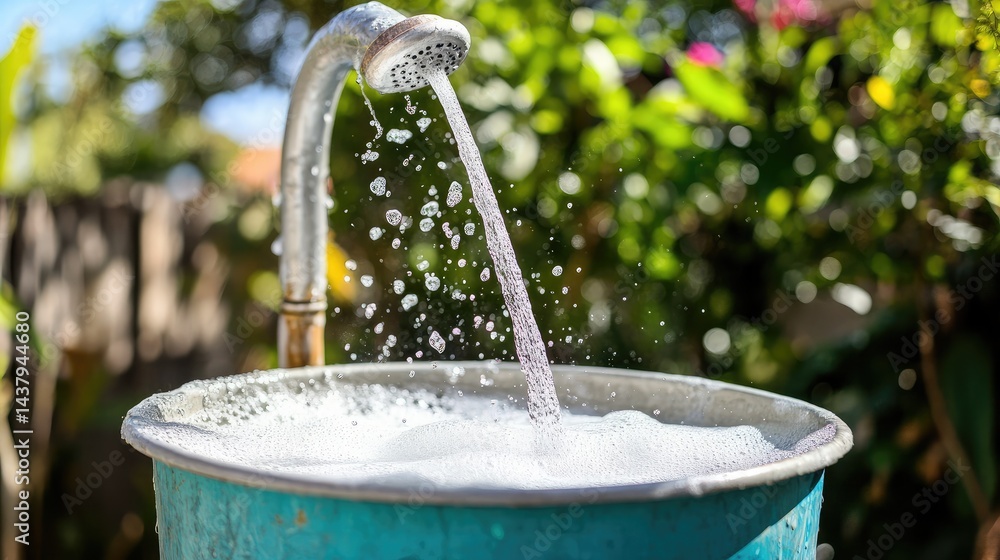 Tap mounted over a large bucket half-filled with soapy water outdoors