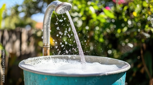 Obraz na płótnie Tap mounted over a large bucket half-filled with soapy water outdoors w salonie