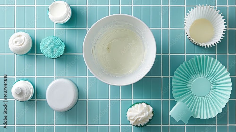 Tiled countertop with a pastry bag, batter bowl, and cupcake liners ready for baking