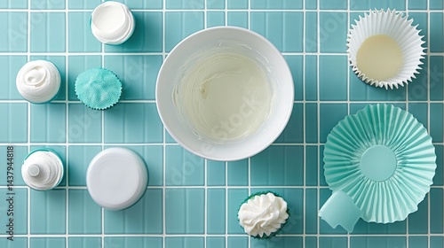 Obraz na płótnie Tiled countertop with a pastry bag, batter bowl, and cupcake liners ready for baking w salonie