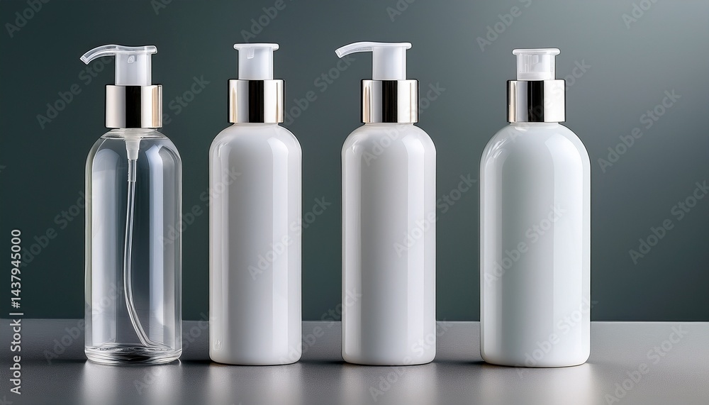 four white bottles with pumps and transparent caps are designed to hold products related to skincare or beauty four white bottles with pumps and transparent caps are designed to hold products related to skincare or beauty