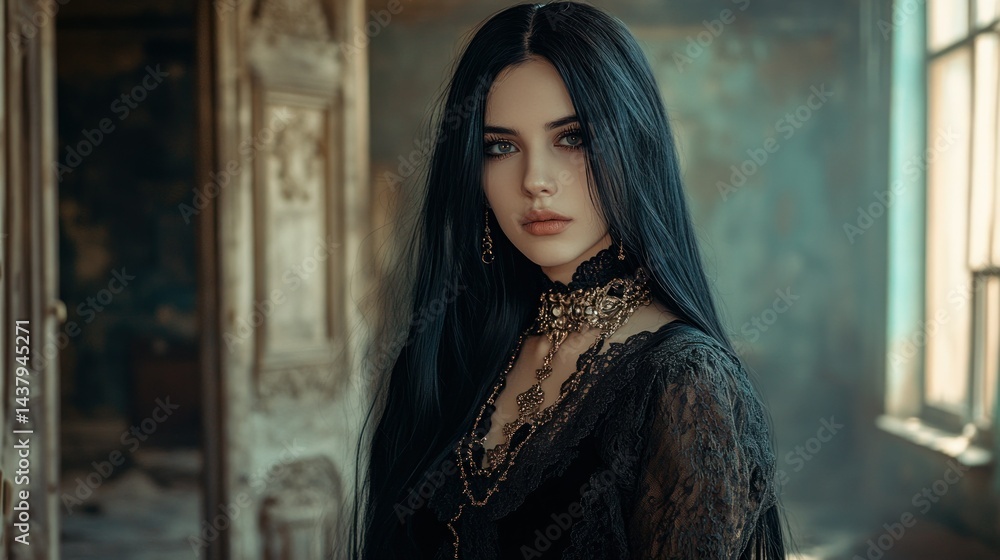A gothic woman wearing a dark Victorian dress stands in an abandoned mansion, background wallpaper AI generated image