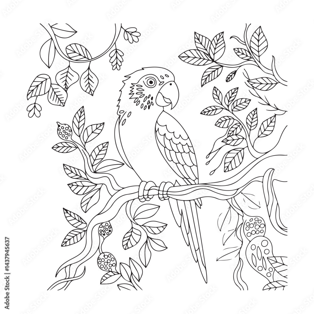 Naklejka premium Beautiful parrot drawing with detailed feathers and nature elements like flowers and leaves for adults and kids.