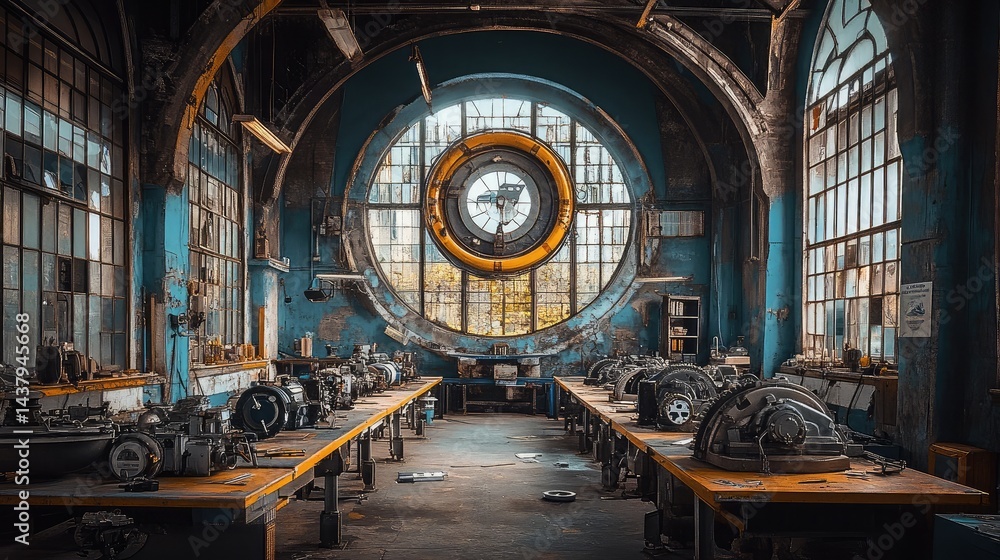 Workshop interior with multiple boat engines on repair benches, surrounded by diagnostic tools