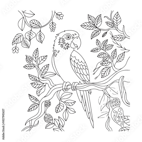 Wallpaper Mural Beautiful parrot drawing with detailed feathers and nature elements like flowers and leaves for adults and kids. Torontodigital.ca