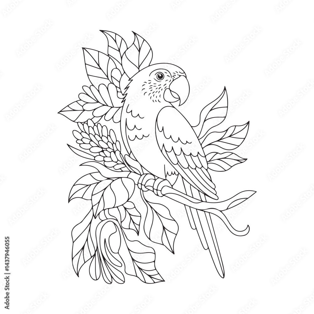 Obraz premium Detailed parrot perched on a branch, with beautiful floral and foliage elements, perfect for creative coloring projects.
