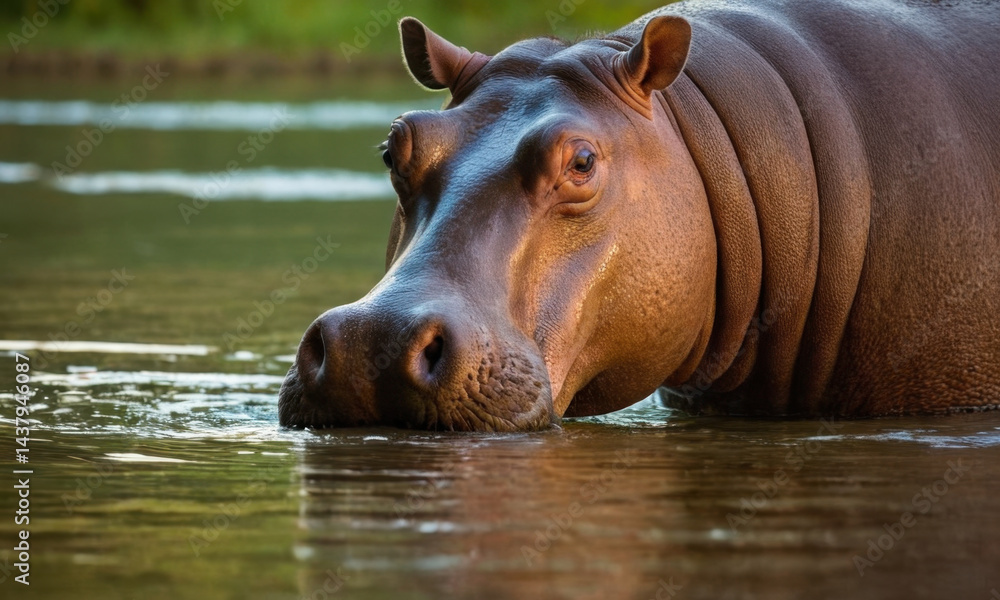 A hippo lounges in the water, surrounded by tall trees A hippo lounges in the water, surrounded by tall trees