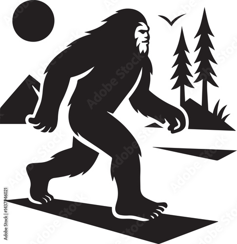 Bigfoot Yeti black and white is running slowly on the forest silhouette vector design
