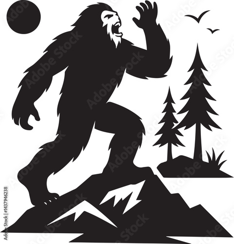 Bigfoot Yeti black and white is shouting on the mountain silhouette vector design