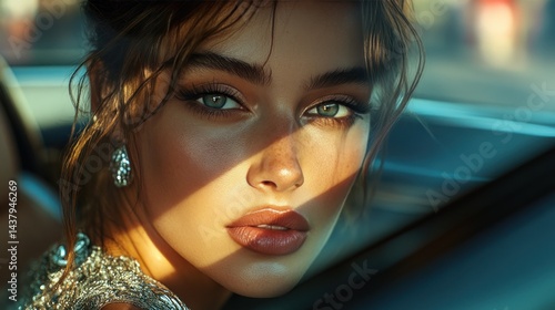 Close-up of a woman in a car, sunlit face