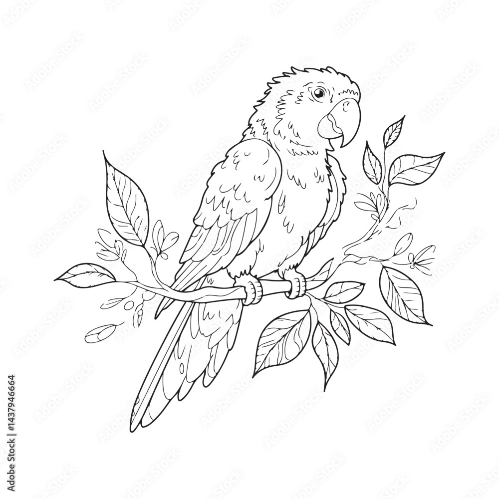 Obraz premium Elegant parrot with detailed feathers, perched on a branch, surrounded by tropical foliage and flowers, perfect for coloring books.