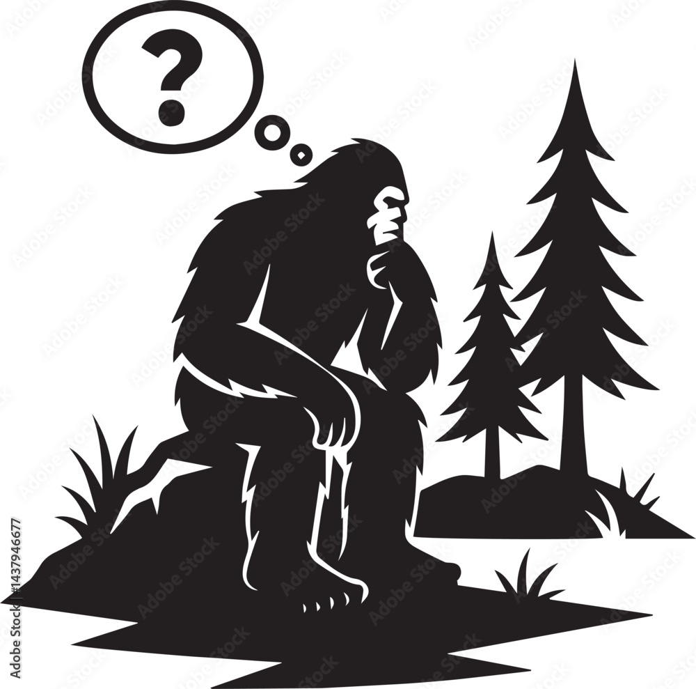 Fototapeta premium Bigfoot Yeti black and white thinking about future silhouette vector design