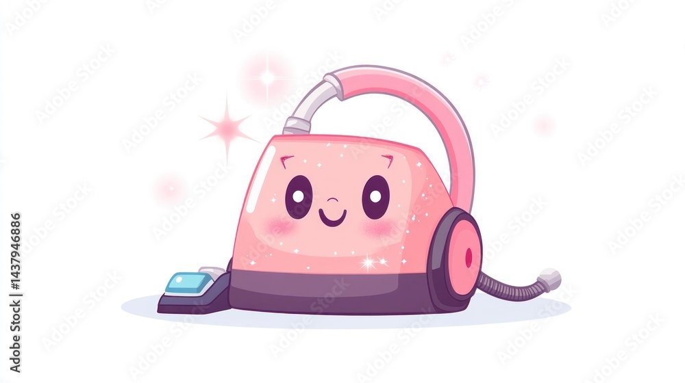 Fototapeta premium Cute pink vacuum cleaner with a happy expression