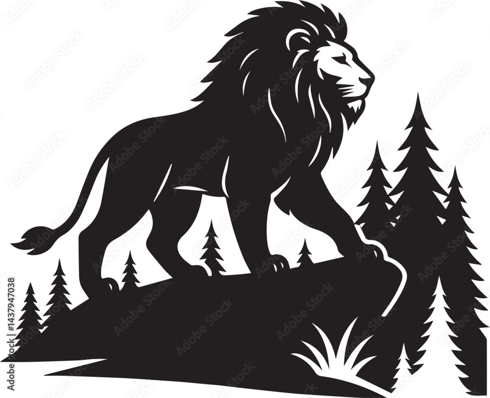 A Lion black and white waking on forest silhouette vector design A Lion black and white waking on forest silhouette vector design