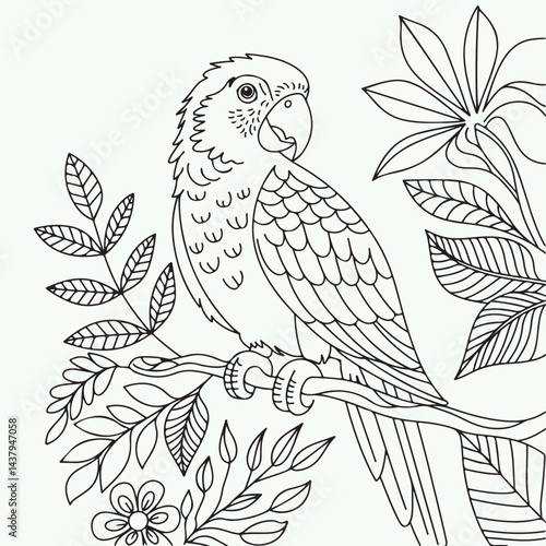 A beautiful line drawing of a parrot on a branch, surrounded by floral designs, perfect for nature-themed coloring pages.