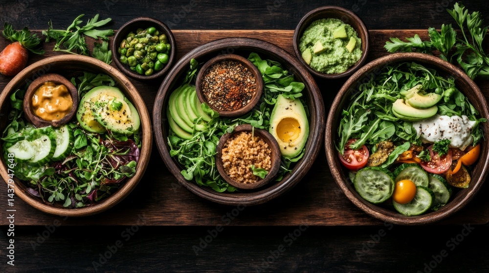 Fresh and colorful salad bowls with a variety of vegetables and toppings on a wooden table during daylight Fresh and colorful salad bowls with a variety of vegetables and toppings on a wooden table during daylight