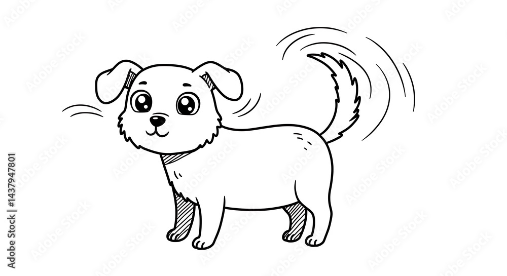 Obraz premium Happy Puppy Wagging Tail, Line Art Illustration.