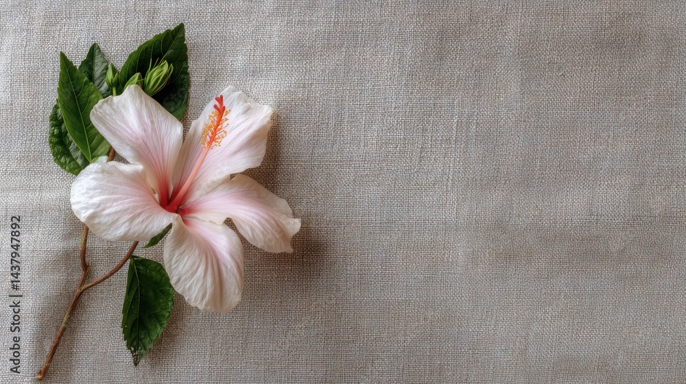 Pink Hibiscus Flower on Linen Background, Copy Space Pink Hibiscus Flower on Linen Background, Copy Space