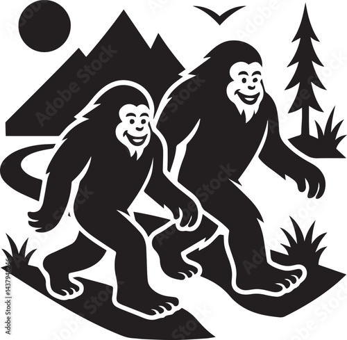 two Bigfoot Yetis black and white is walking on the riverside forest silhouette vector design