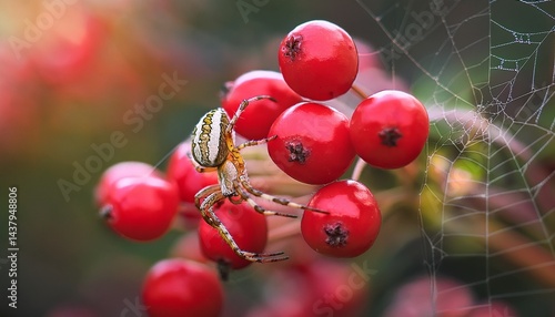 close up of a spider climbing on red berries with soft background and delicate web