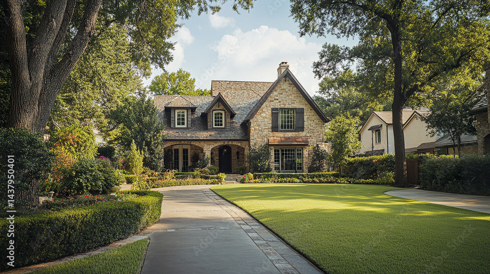 beautiful classic house with Texas charm surrounded by lush greenery and well maintained lawn