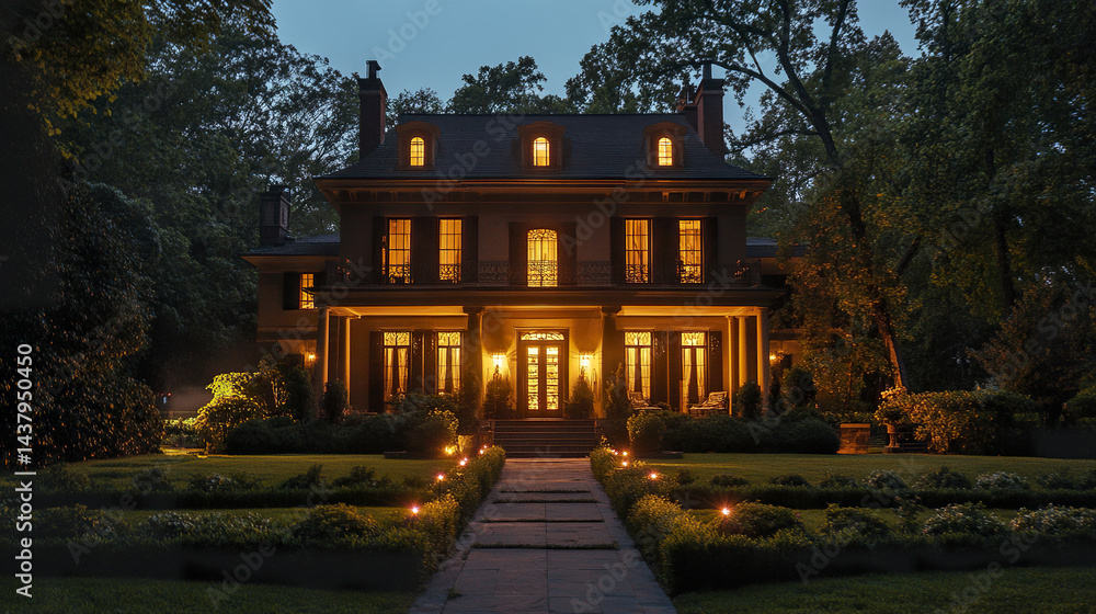 Fototapeta premium Beautiful home exterior at night with glowing interior lights and lush garden