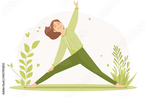 A joyful woman practicing yoga amidst green plants.
