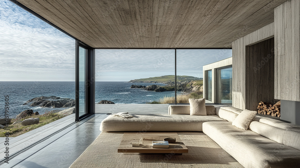 Fototapeta premium bright modern lounge with full glass wall framing stunning ocean view, creating serene