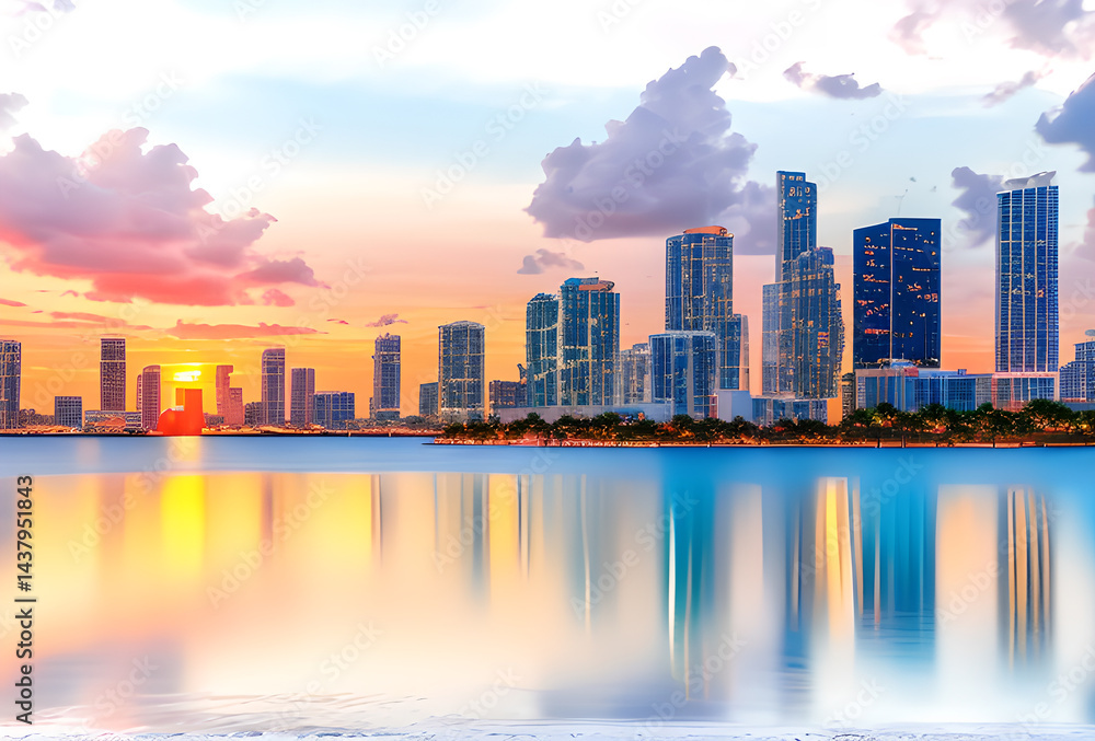 Obraz premium Modern city skyline reflected in calm water at sunset. Tall glass buildings glow in pastel hues of pink and blue, creating a serene urban scene ideal for architecture and travel concepts