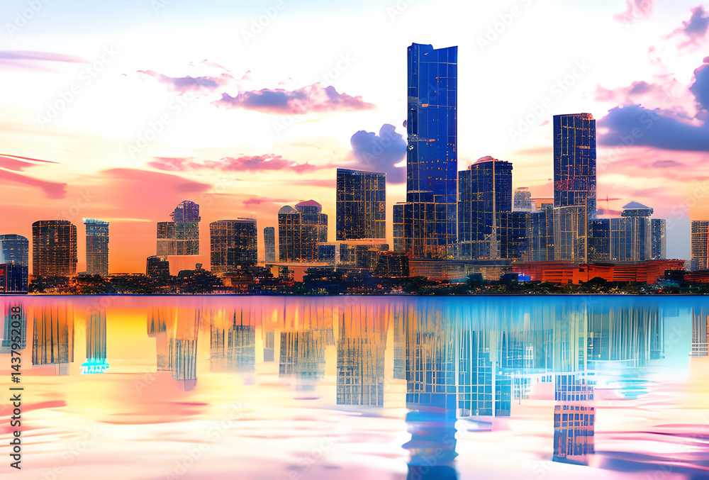 Obraz premium Modern city skyline reflected in calm water at sunset. Tall glass buildings glow in pastel hues of pink and blue, creating a serene urban scene ideal for architecture and travel concepts