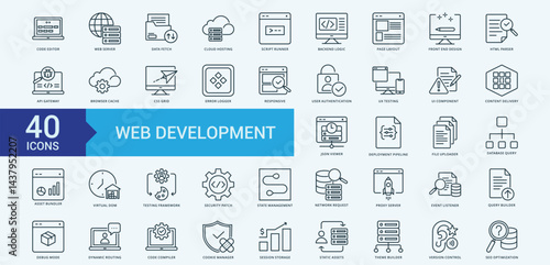Web development icon collection set with code, web server, fetch, hosting, script, backend