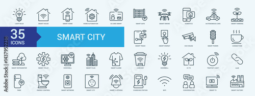 Smart city icon collection set with alarm, bulb, café, card key, cars